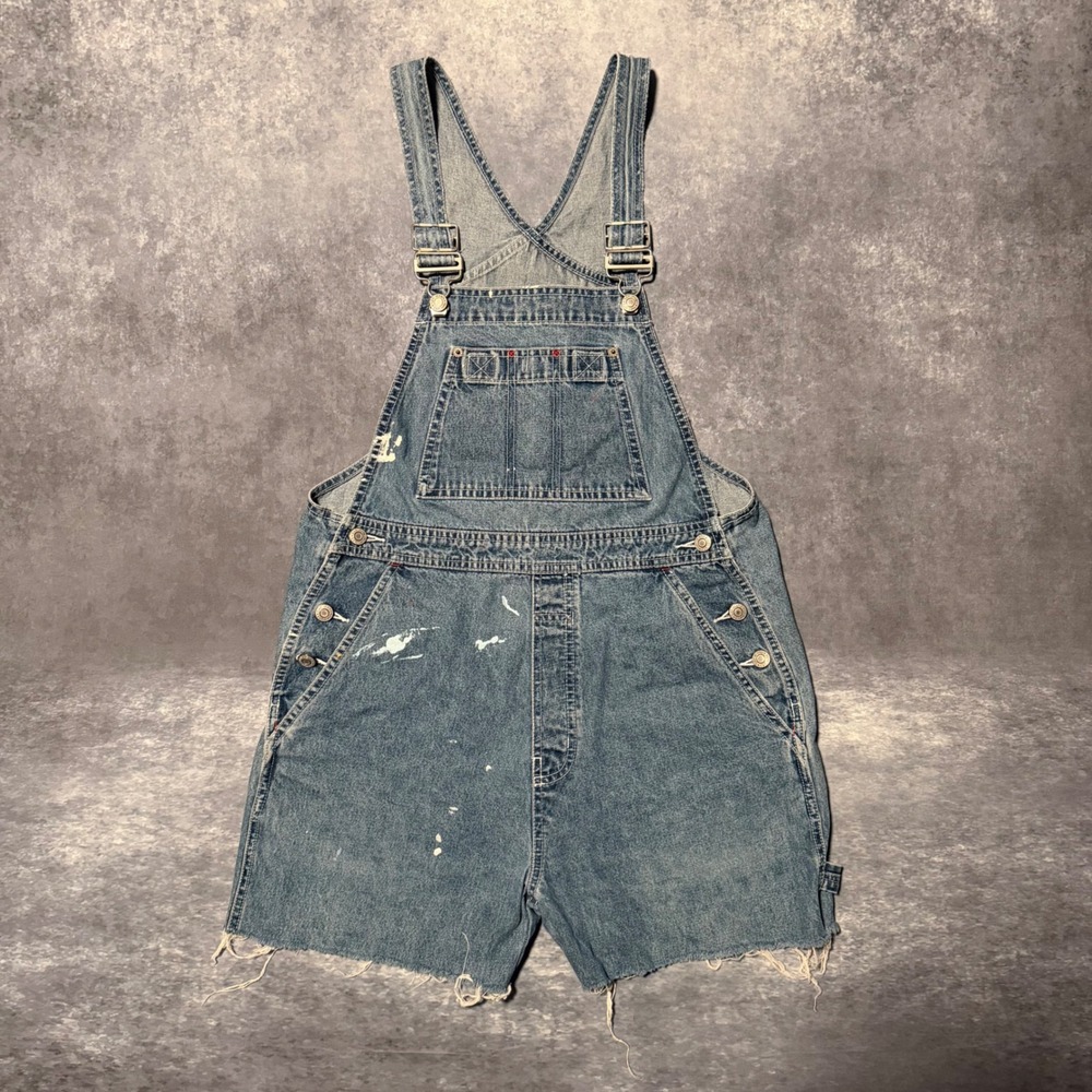 VTG GAP Denim Shortalls Womens XS Blue Carpenter Overalls Paint Splatter 2001